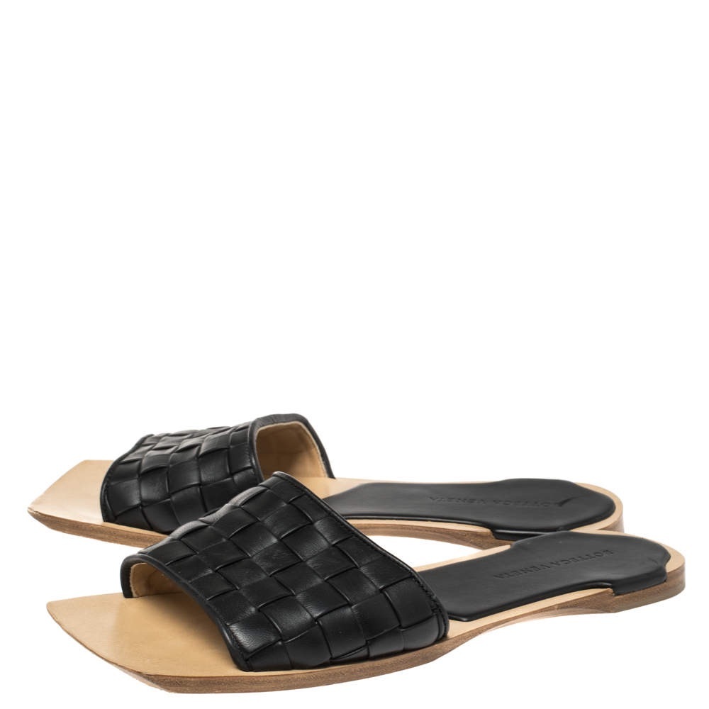 Bottega Veneta Black Woven Slide Sandals